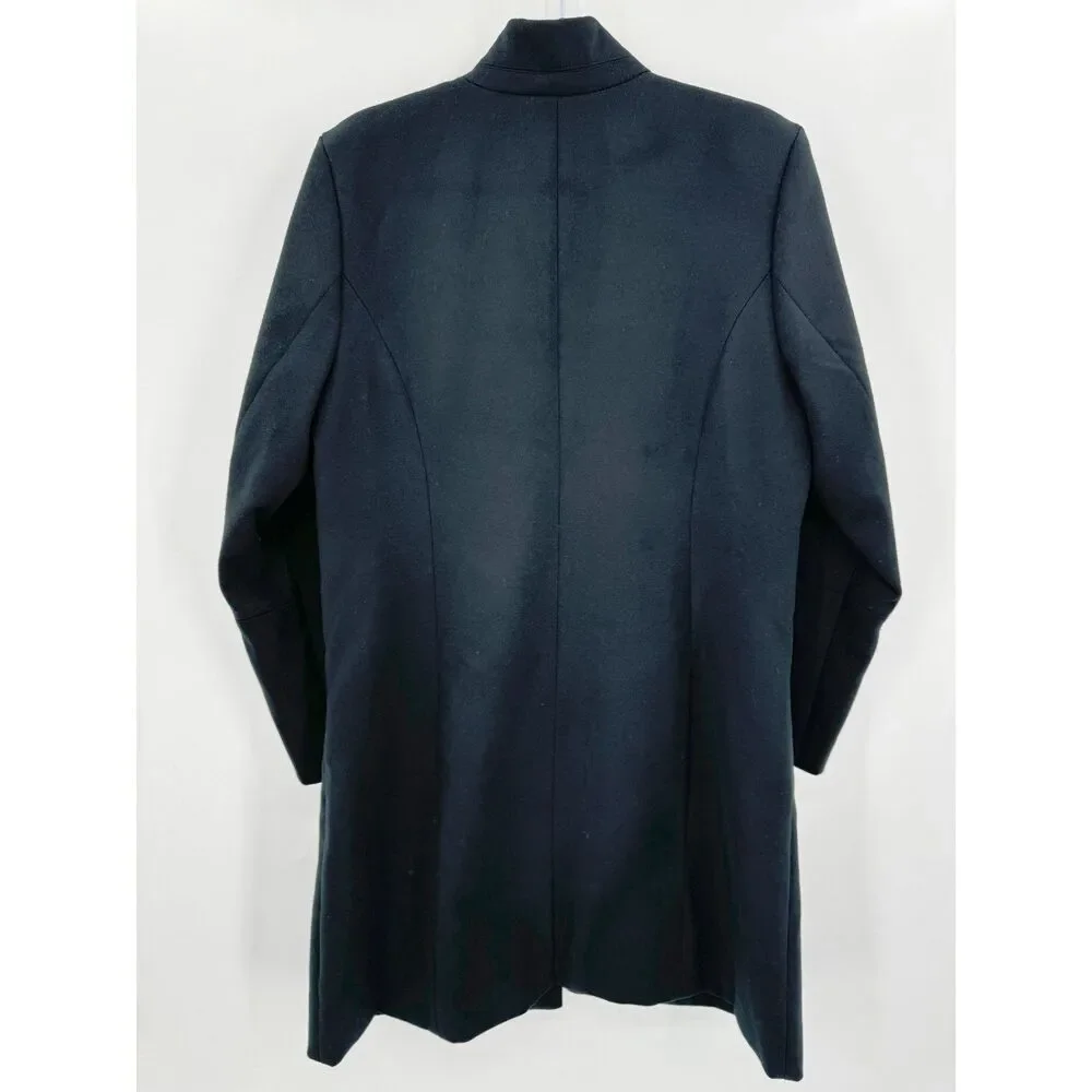 H BY HALSTON Black Snap Front Long Modern Minimalist Peacoat Coat Size 14